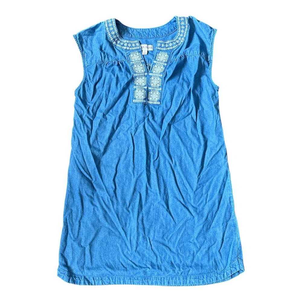 Denim Sleeveless Dress with Embroidered Neckline